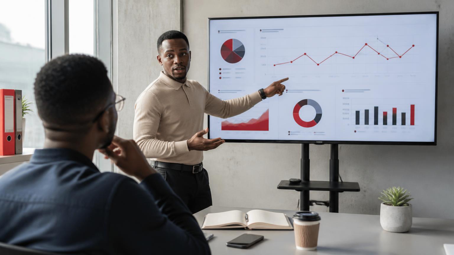 African analyst presenting traffic and ranking charts on a large screen