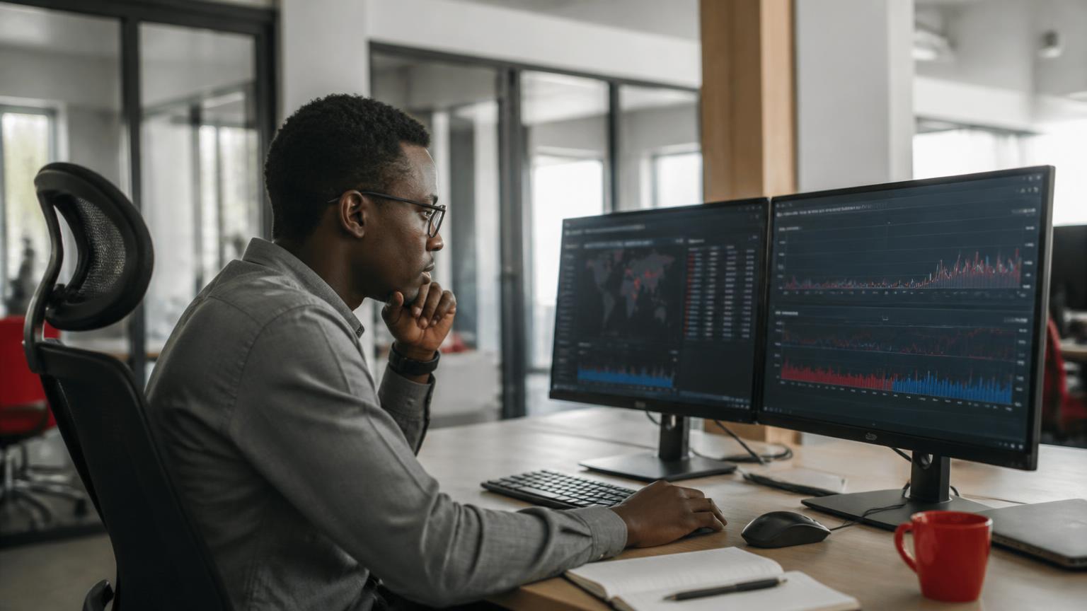 African engineer reviewing monitoring and deployment dashboards on dual monitors