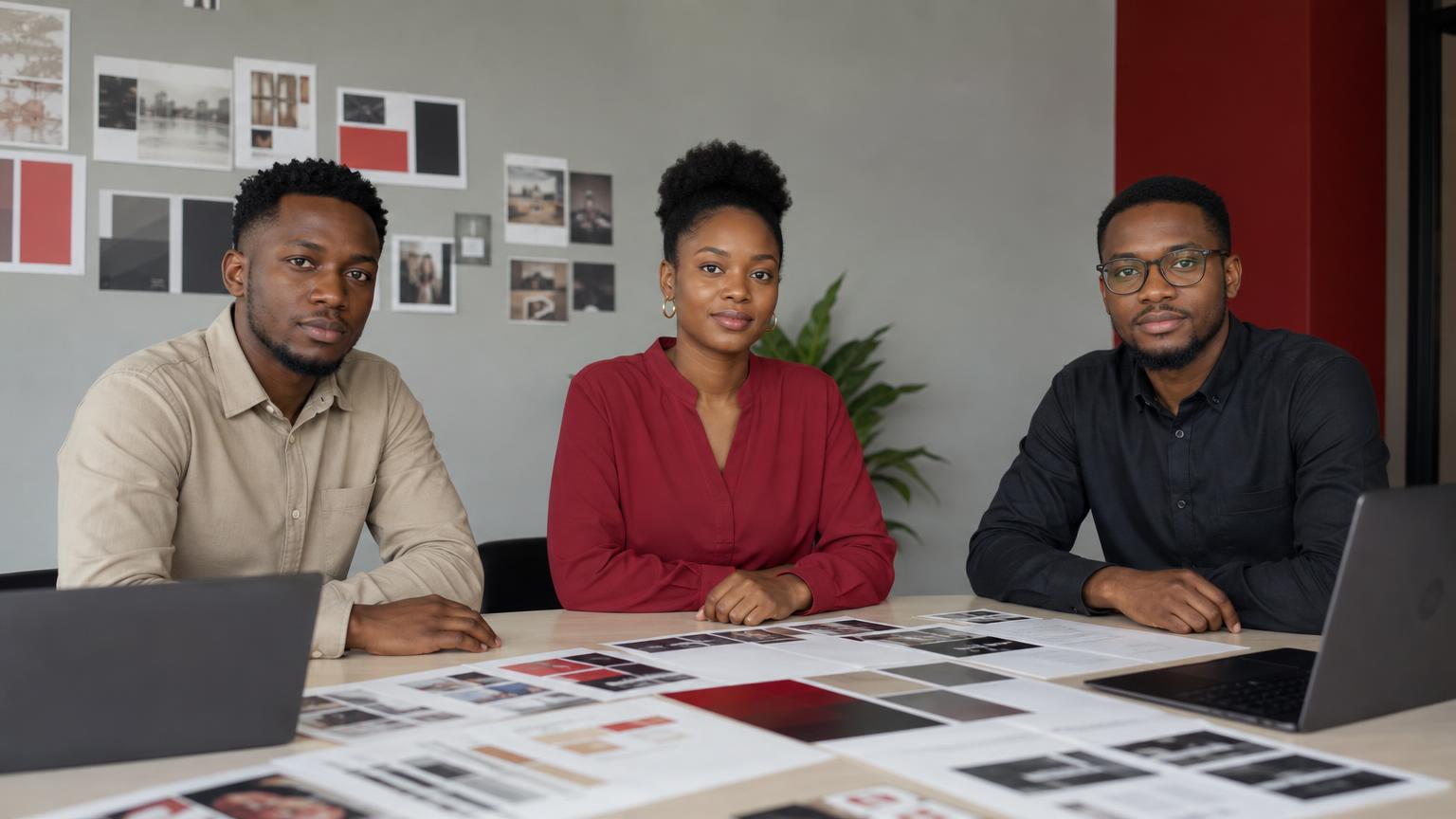Young African marketing team reviewing brand boards and social content around a table