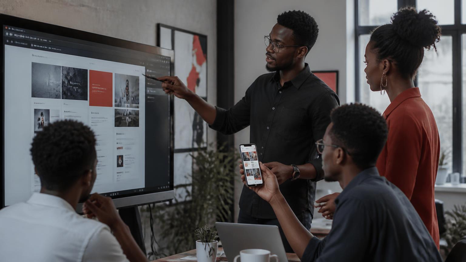 African studio team presenting a website and mobile app on a large screen