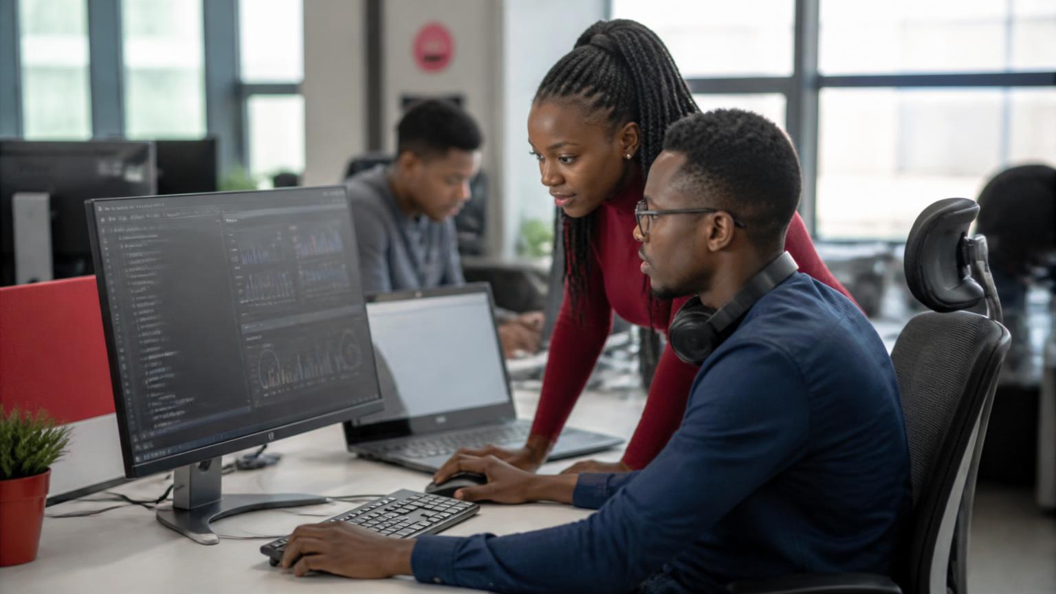 Young African developers reviewing code and a web dashboard together at a workstation